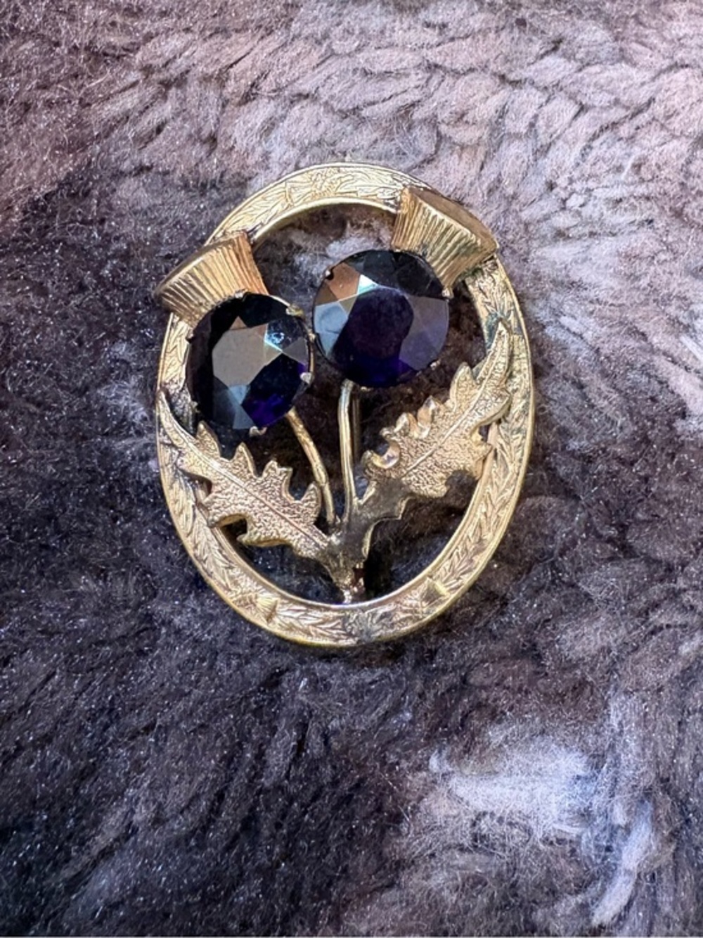 Vintage Gold Toned Thistle Brooch with Deep Purple Crystals
